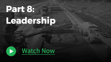 Image of a road construction in the background. With texts "Part 8: Leadership" and "Watch Now."