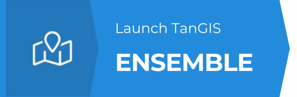 A blue graphic with a white map icon and a pin on the left. Text reads Launch TanGIS above the bold word ENSEMBLE on the right.