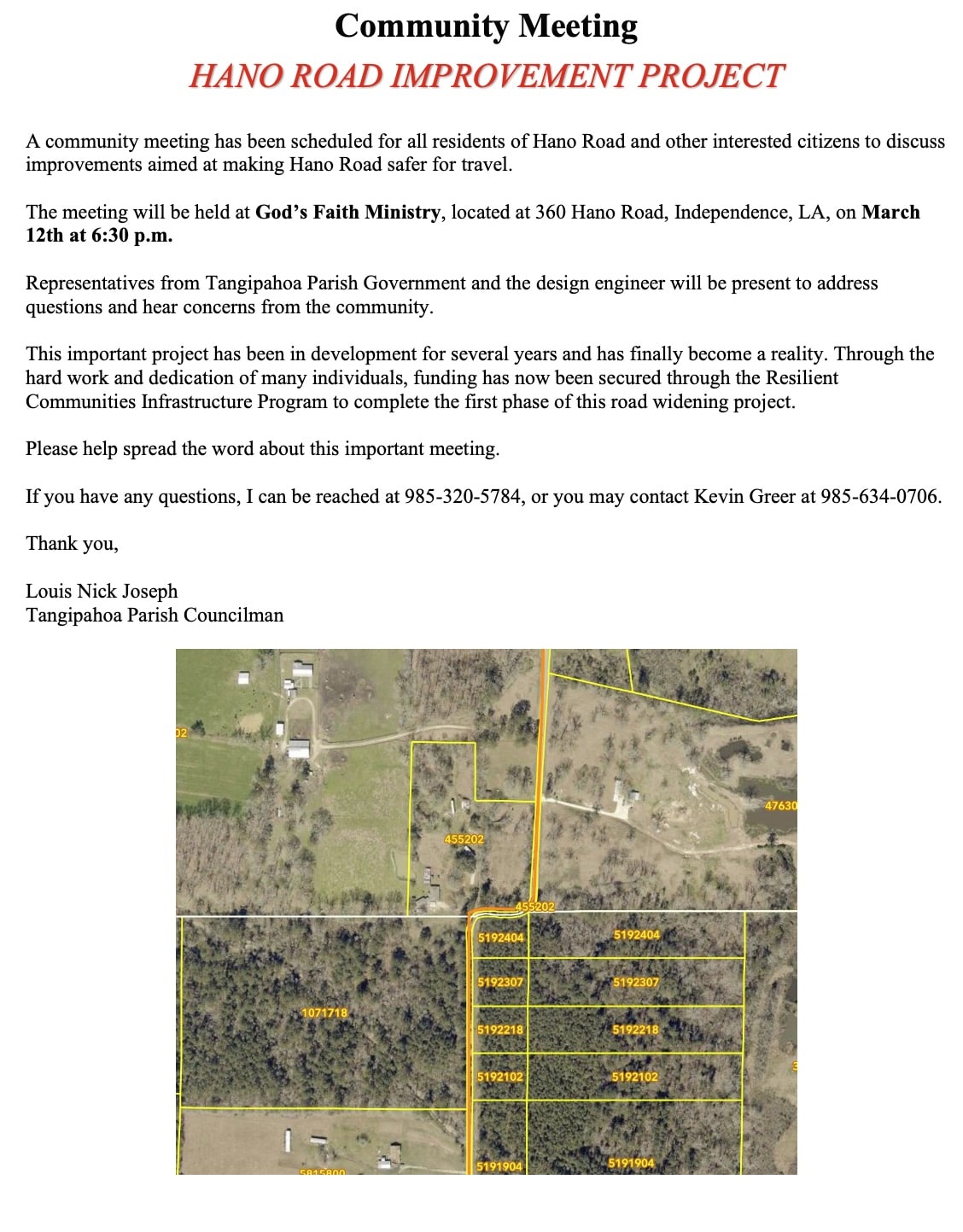 A flyer announces a community meeting about the Hano Road Improvement Project with text details and an aerial map showing Hano Road and surrounding properties highlighted in yellow.