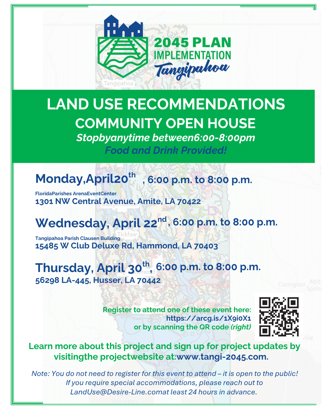 A flyer for the 2045 Plan Implementation Tangipahoa Land Use Recommendations Community Open House, listing three April dates, times, locations, and offering food and drink. It includes a QR code and RSVP link for more information.