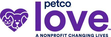 The image shows the Petco Love logo with a purple heart outline, the word love in bold purple letters, petco above in blue, and the tagline A Lifesaving Organization below.