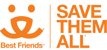 Logo for Best Friends Animal Society with an orange stylized smiling face and the text “Best Friends | SAVE THEM ALL” in bold orange letters.