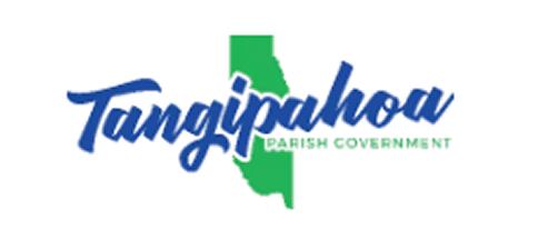 Logo of Tangipahoa Parish Government, featuring the word Tangipahoa in blue script and Parish Government in green text, overlaid on a green silhouette of the parish’s shape.
